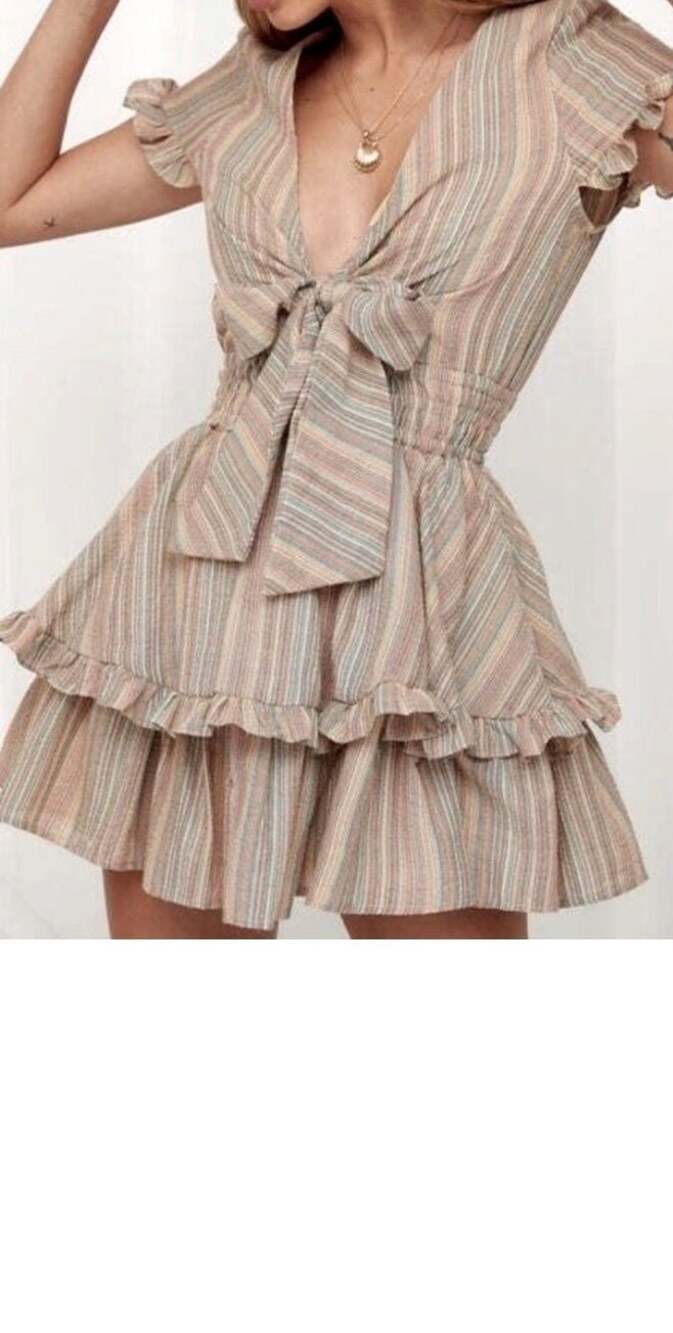 Saints + Secrets Multi-Color Striped Tie-Front Layered Ruffle Mini Dress Large